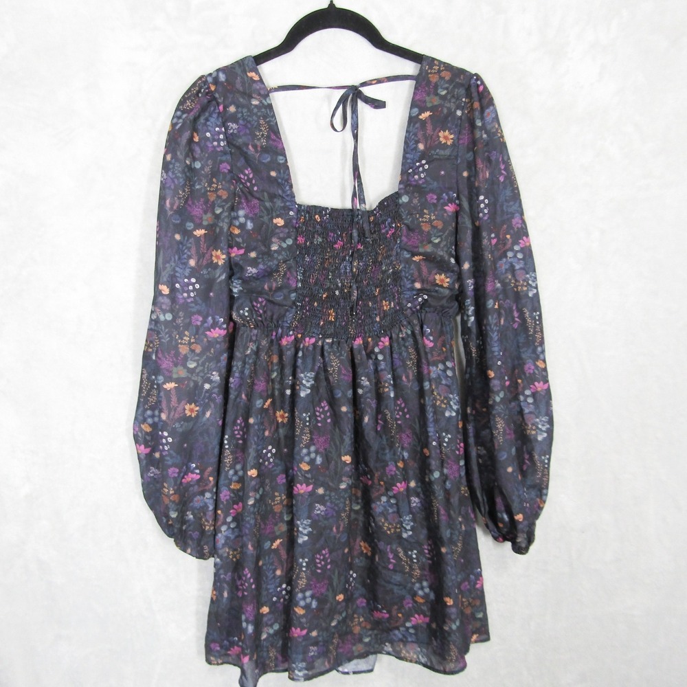 Disturbia Dark Floral Mini Dress Long Balloon Sleeve Smocked Tie Back US 4 y2K - Picture 7 of 11